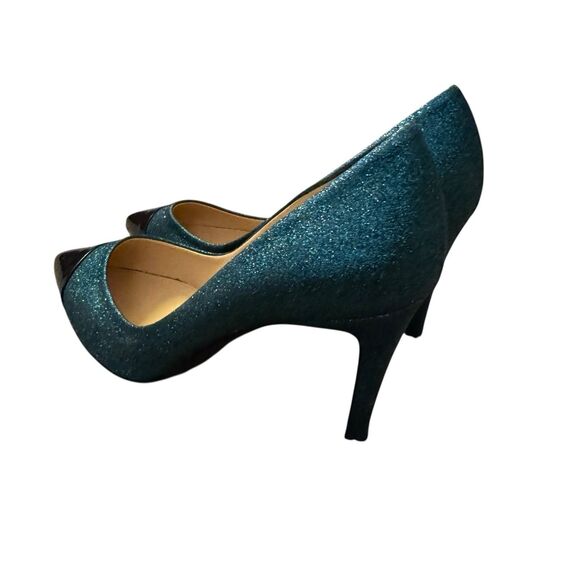 J CREW Teal Black Glitter Sparkles Captoe Heel Size 10 Pump Holiday Shoe - Picture 1 of 13